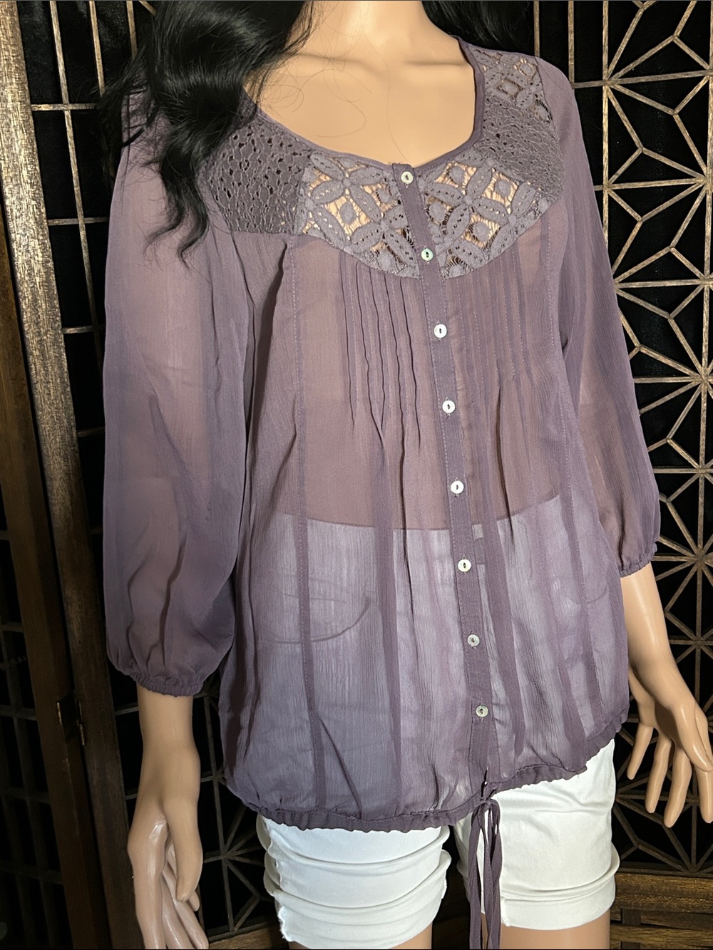 BLACK RAINN SHEER PEASANT TOP M